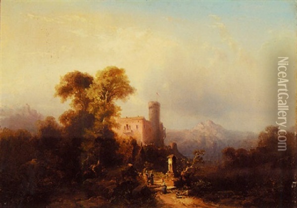 Mountainous Landscape With Castle And A Country Well Oil Painting - Edouard De Vigne