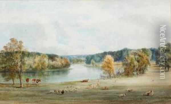 Extensive River Landscape, With Sheep Andcattle To The Foreground Oil Painting - Edgar E. West