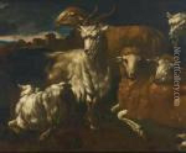 Italianate Landscape With Goats And Sheep Oil Painting - Philipp Peter Roos