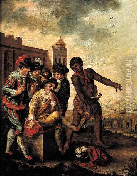 Merchants in fancy costume attended by a slave in a Mediterranean harbour Oil Painting - Thomas Wyck