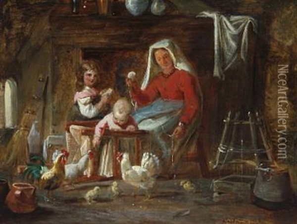 Interior With Italian Woman And Children Playing With Chickens Oil Painting - Nicolai Francois Habbe