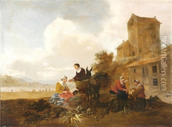 Marktfrauen Mit Gemuse Und Fruchten, Im Hintergrund Ein Fluss Oil Painting - Hendrick Mommers