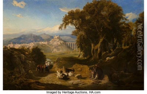 A View Of The Umbrian Campagna With Spoleto In The Distance And A Goatherd And Oil Painting - Thomas Hartley Cromek