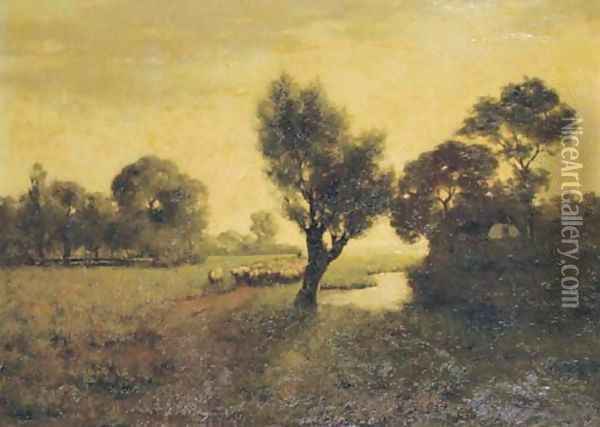 A flock by a river at dusk Oil Painting - Dutch School