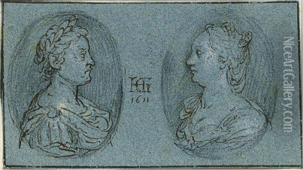 Study For A Pair Of Oval Portrait Medallions Of A Couple In Antique Attire Oil Painting - Hendrick Goltzius