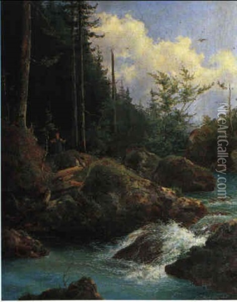 Reisigsammler Am Bergbach Oil Painting - Edmund Mahlknecht