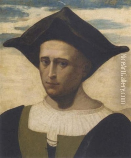 Portrait Of A Man In A Green And Black Jacket With White Shirt And Black Hat Oil Painting -  Franciabigio