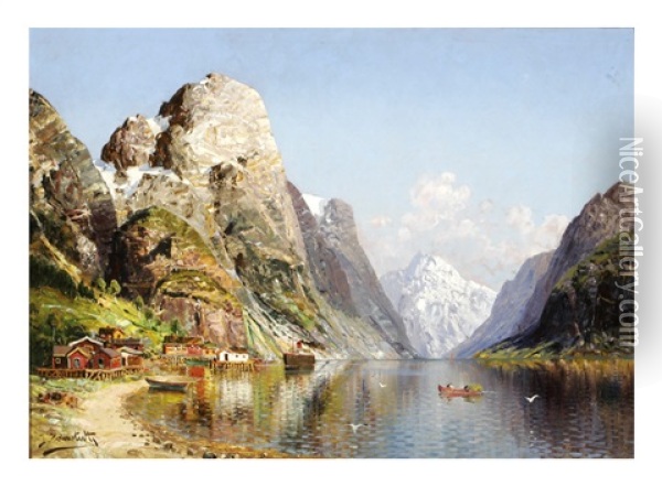 Village On A Fjord Oil Painting - Joseph Holmstedt