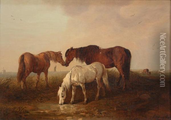 Three Ponies In A Landscape Oil Painting - Edward Robert Smythe