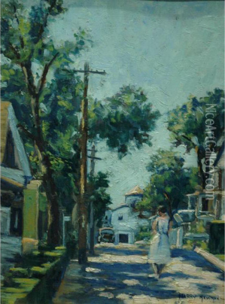 Sunlit Street Oil Painting - Harry W. Newman