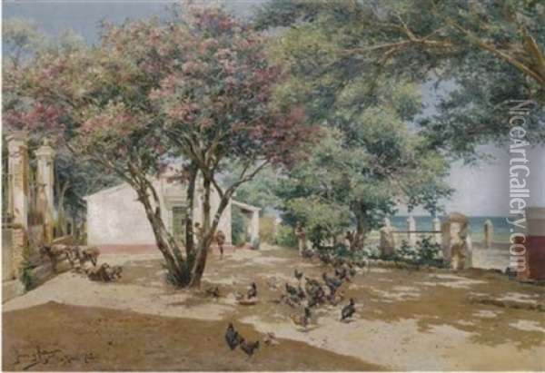 Women And Chickens In A Farmyard (patio Con Mujeres Y Gallinas) Oil Painting - Manuel Garcia y Rodriguez