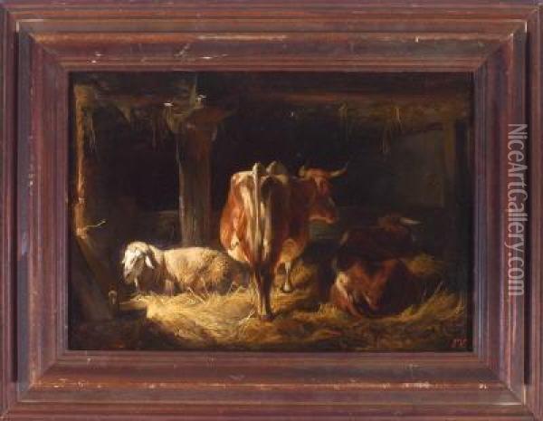 Schaf Und Zwei Kuhe Im Stall Oil Painting - Friedrich Johann Voltz