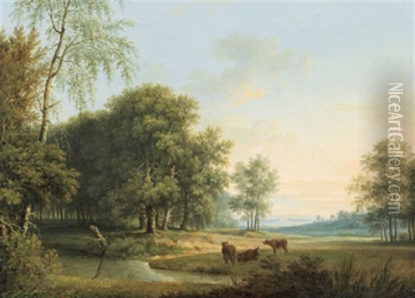 Bewaldete Landschaft Mit Drei Kuhen Oil Painting - Johann Heinrich Muntz