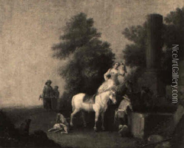 Falconers Halting At A Well Oil Painting - Antoine Pesne