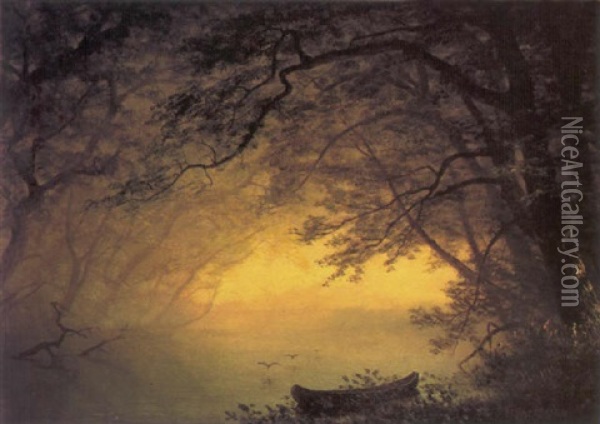 Canoe By The Edge Of The River Oil Painting - Albert Bierstadt