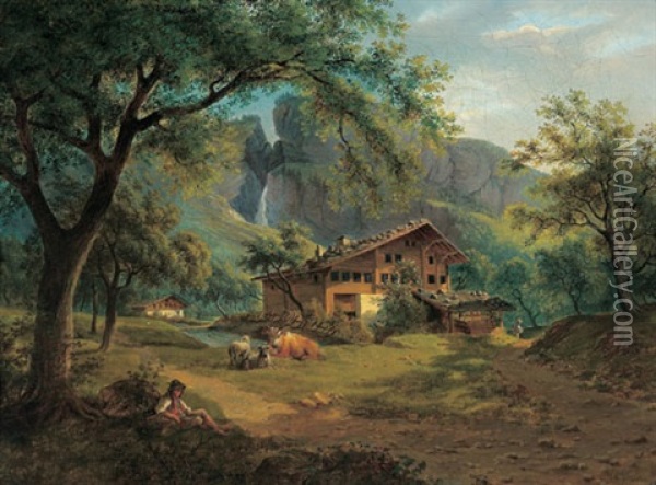 Weideidyll Mit Schafer In Einer Berglandschaft Oil Painting - Joseph Altenkopf