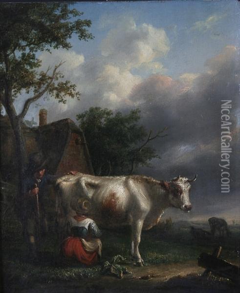 Maid Milking A Cow With Man Looking On Oil Painting - Paulus Potter