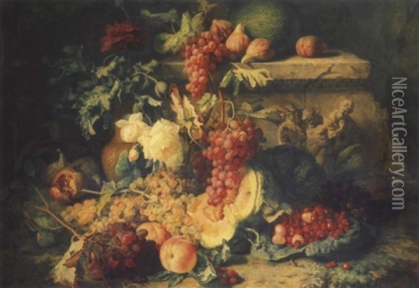 Fruits Sur Une Terrasse Avec Un Bas-relief Representant Silene Oil Painting - Simon Saint-Jean