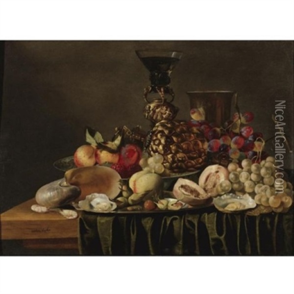 Still Life With A Gilt Cup And Glass Holder, A Silver Beaker, A Nautilus Shell, Fruit And Oysters Arranged On A Draped Ledge Oil Painting - Christiaan Luycks