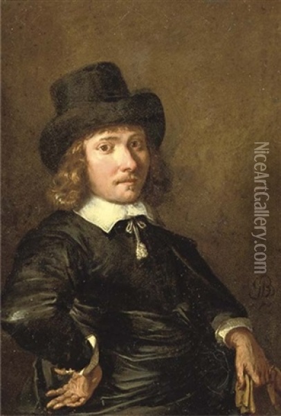 Portrait Of A Gentleman In A Black Costume With White Cuffs And Collar, A Black Hat, Holding A Pair Of Gloves In His Left Hand Oil Painting - Jan De Bray