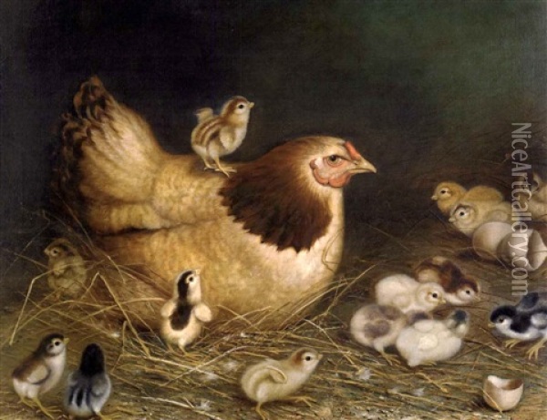 Barn Scene With Hen And 14 Chicks Oil Painting - Ben Austrian