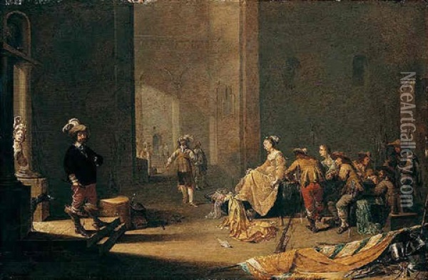 A Platial Guardroom Interior With Soldiers And Courtesans Conversing Oil Painting - Jacob Duck