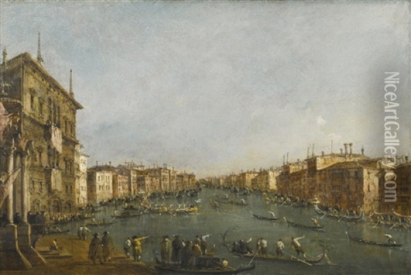 Venice, A View Of A Regatta On The Grand Canal Looking Towards The Rialto Bridge, With The Palazzo Balbi To The Left Oil Painting - Giacomo Guardi