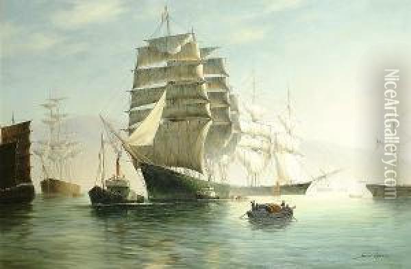 Tall Ships And A Chinese Junk In A Harbour Oil Painting - James Hardy