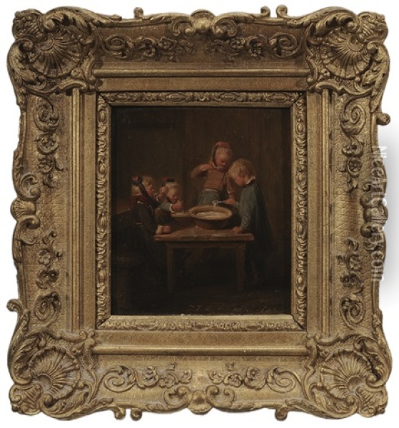 Children Eating Porridge Oil Painting - Jakob Fuerchtegott Dielmann