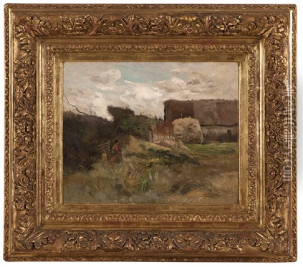 Lady With Basket In A Farmyard Oil Painting - Edmond Charles Joseph Yon