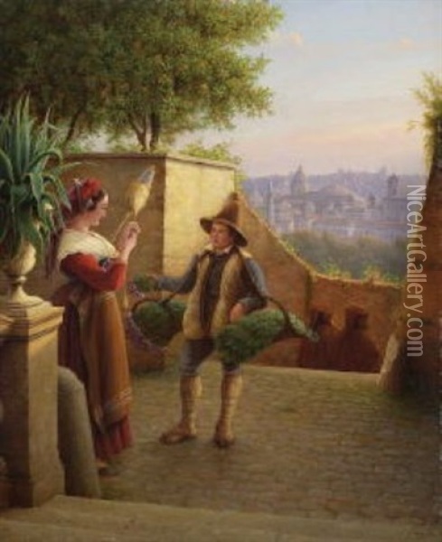 Romische Flachsspinnerin Und Junger Gemuseverkaufer Oil Painting - Johann Wilhelm Bruecke