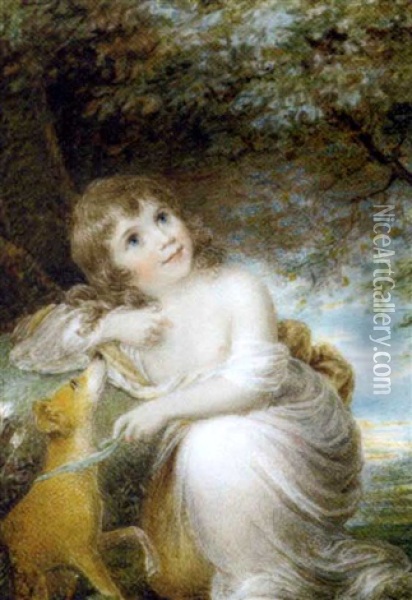 A Child Holding Her Seated Dog By A Blue Ribbon, In Loose White Shift, Yellow Cloak Draped Around Her, Tree And Landscape Background Oil Painting - Samuel Shelley