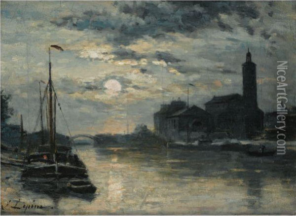 Le Canal De L'ourcq, L'eglise Saint-christophe, Vue Du Quai De Lamarne. Effet De Lune Oil Painting - Stanislas Lepine