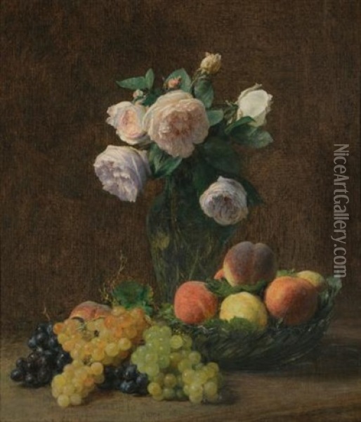 Nature Morte: Vase De Roses, Peches Et Raisins Oil Painting - Henri Fantin-Latour