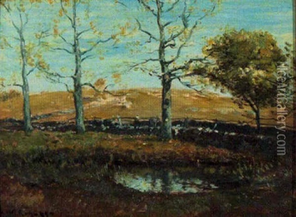 Late Fall Landscape With Stone Fence And Pond Oil Painting - Henry Ward Ranger