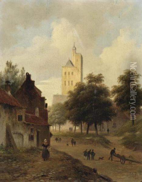 Daily Activities In A Dutch Town, A Tower Beyond Oil Painting - Bartholomeus J. Van Hove