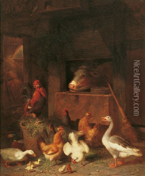 Stallinterieur Mit Huhnern Und Einem Schwein Im Koben Oil Painting - Gustav Sues