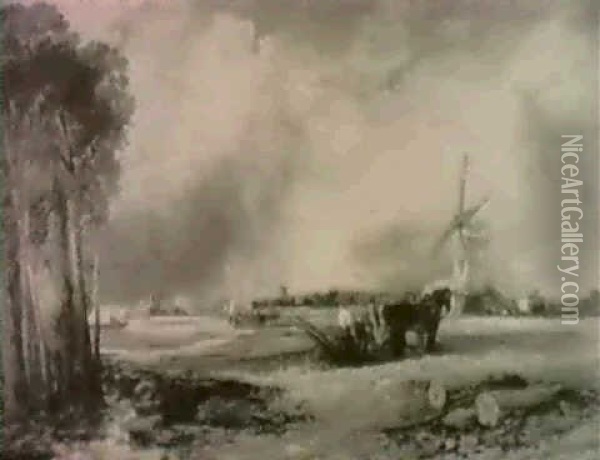 An Extensive East Anglian River Landscape With Figures      Ploughing A Windmill Oil Painting - Joseph Paul