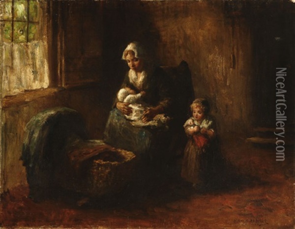 Mother And Children In A Dutch Interior Oil Painting - Bernard de Hoog