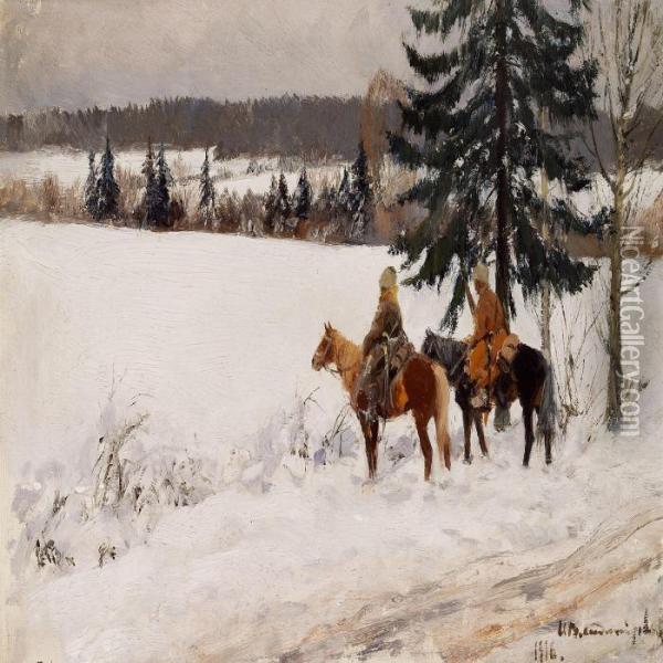 Winter Landscape With Two Cossacks On Reconnaissance Oil Painting - Ivan Alexeievitch Vladimirov