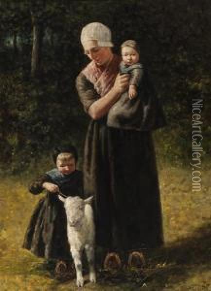 Mother With Children And A Lamb Oil Painting - David Adolf Constant Artz