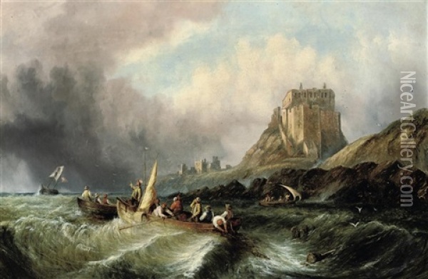 Fishermen Hauling In Their Catch In A Heavy Swell Below Lindisfarne Castle, Holy Island Oil Painting - William Callcott Knell