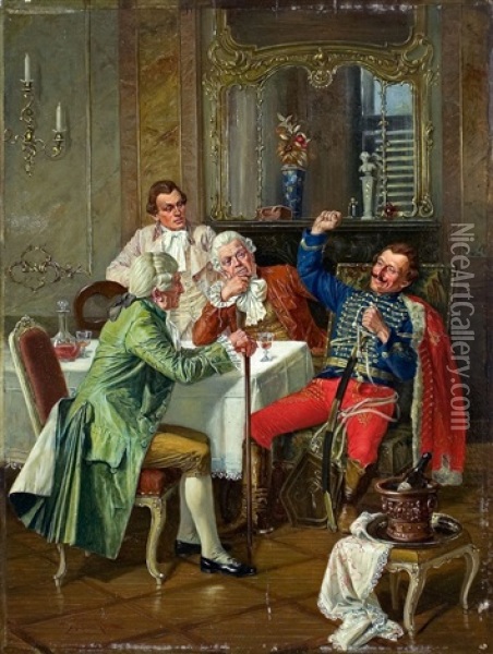 Herrenrunde Der Rokokozeit In Einem Salon Oil Painting - Albert Joseph Franke