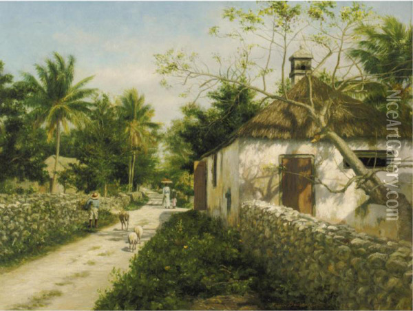 A Village Street In The Bahamas Oil Painting - Armin Buchterkirch