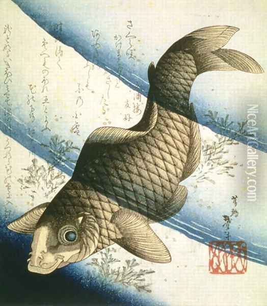 A Carp Swimming among Waterweeds, c.1832 Oil Painting - Katsushika II (Hokusen) Taito