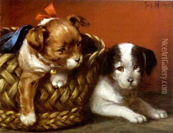 Zwei Hundekinder Oil Painting - Josef Heimerl