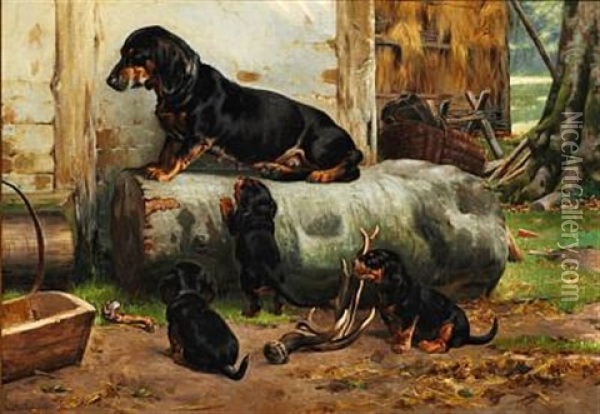 A Peaceful Moment. Out Of Reach From The Puppies Oil Painting - Simon Simonsen