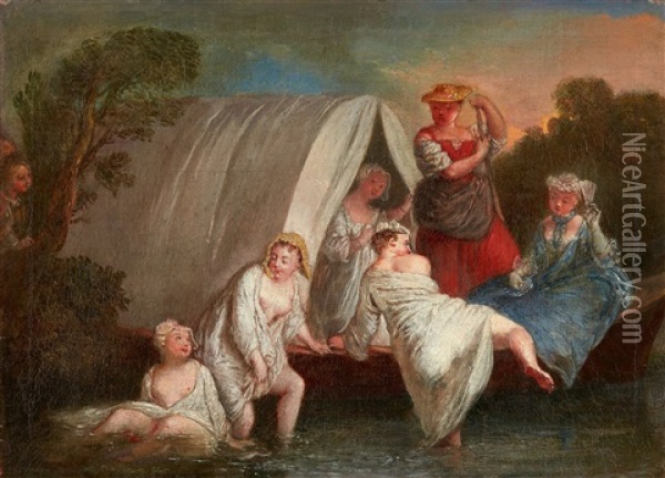 Ladies Bathing By A Covered Gondola Oil Painting - Antoine Pesne