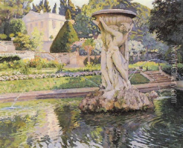 La Madrague (jardin Avec Villa Et Fontaine) Oil Painting - Theo van Rysselberghe