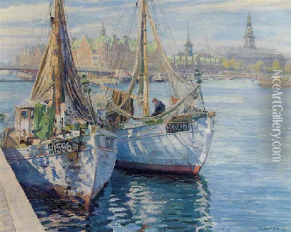 Fishing Vessels At The Quay, Copenhagen Oil Painting - Robert Panitzsch